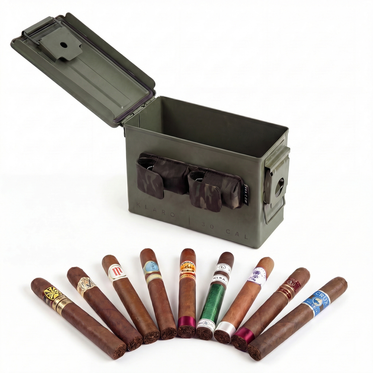 The 9-Hole Caddie Cigar Kit - Open ammo can humidor with 9 premium cigars including Crux Bull & Bear and Crowned Heads Mil Dias Sublime
