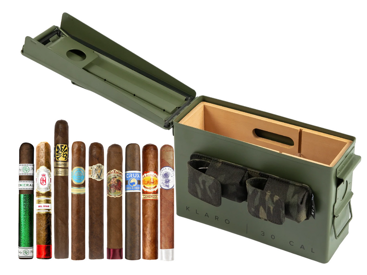 Smoke Can 30 Cal humidor with 9 included cigars on a white background