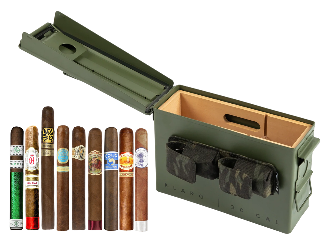 Smoke Can 30 Cal humidor with 9 included cigars on a white background