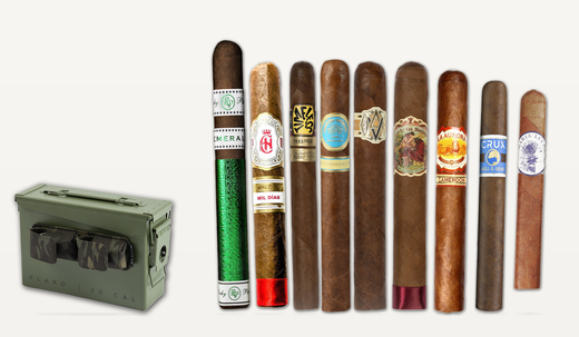 Smoke Can 30 Cal humidor with 9 premium cigars arranged by vitola size