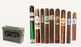 Smoke Can 30 Cal humidor with 9 premium cigars arranged by vitola size